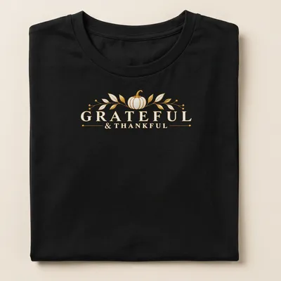 Elegant golden pumpkin T-shirt with Grateful & Thankful lettering — printed on a women's shirt