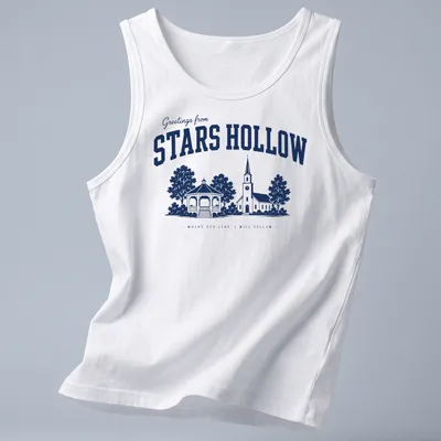 Navy and white vintage style t-shirt featuring a church and gazebo from Stars Hollow — printed on a tank top