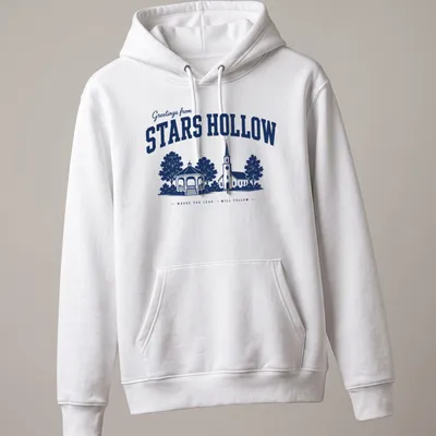 Navy and white vintage style t-shirt featuring a church and gazebo from Stars Hollow — printed on a unisex hoodie