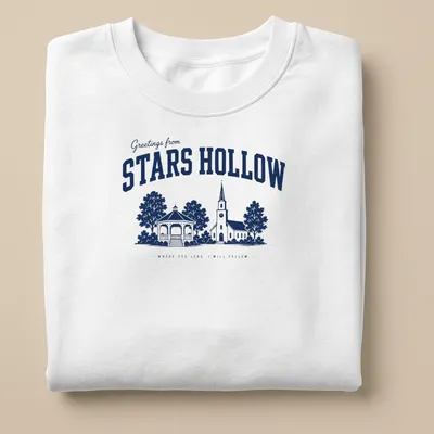 Navy and white vintage style t-shirt featuring a church and gazebo from Stars Hollow — printed on a unisex sweatshirt