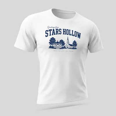 Navy and white vintage style t-shirt featuring a church and gazebo from Stars Hollow — printed on a unisex t-shirt (angled view)