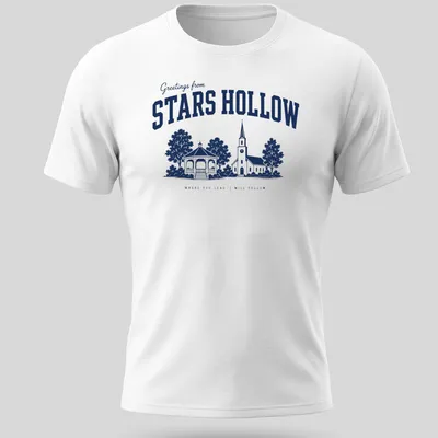 Navy and white vintage style t-shirt featuring a church and gazebo from Stars Hollow — printed on a unisex t-shirt