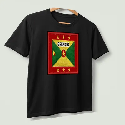 Embroidered Grenada flag T-shirt with bold lettering — printed on a unisex t-shirt (angled view)