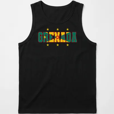 Bold graphic of the Grenada Flag with the word GRENADA prominently displayed — printed on a tank top