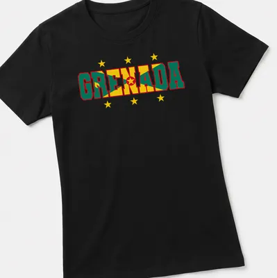Bold graphic of the Grenada Flag with the word GRENADA prominently displayed — printed on a women's shirt