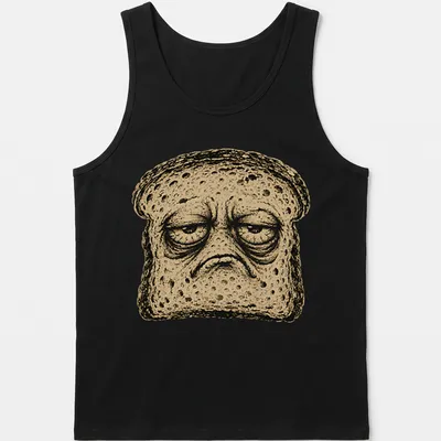 Edgy graphic tee featuring a grumpy slice of bread with bold text — printed on a tank top