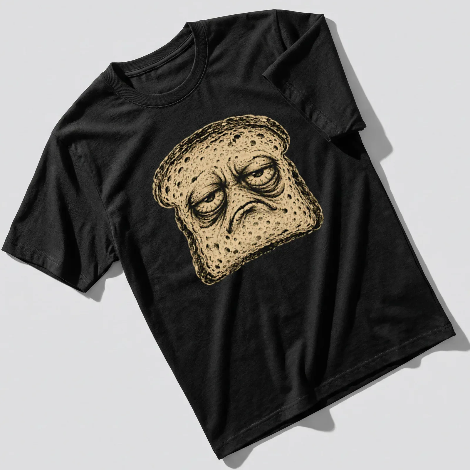 Edgy graphic tee featuring a grumpy slice of bread with bold text — printed on a unisex t-shirt