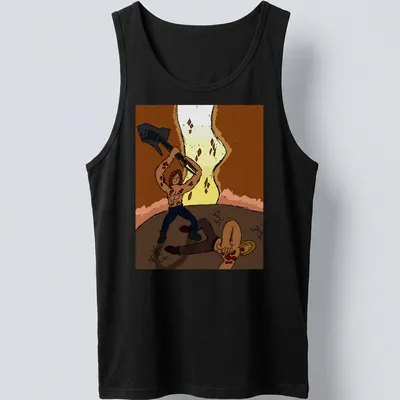 Cartoon-style axe-wielding warrior in vibrant colors on — printed on a tank top