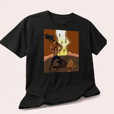 Cartoon-style axe-wielding warrior in vibrant colors on — printed on a unisex t-shirt (angled view)