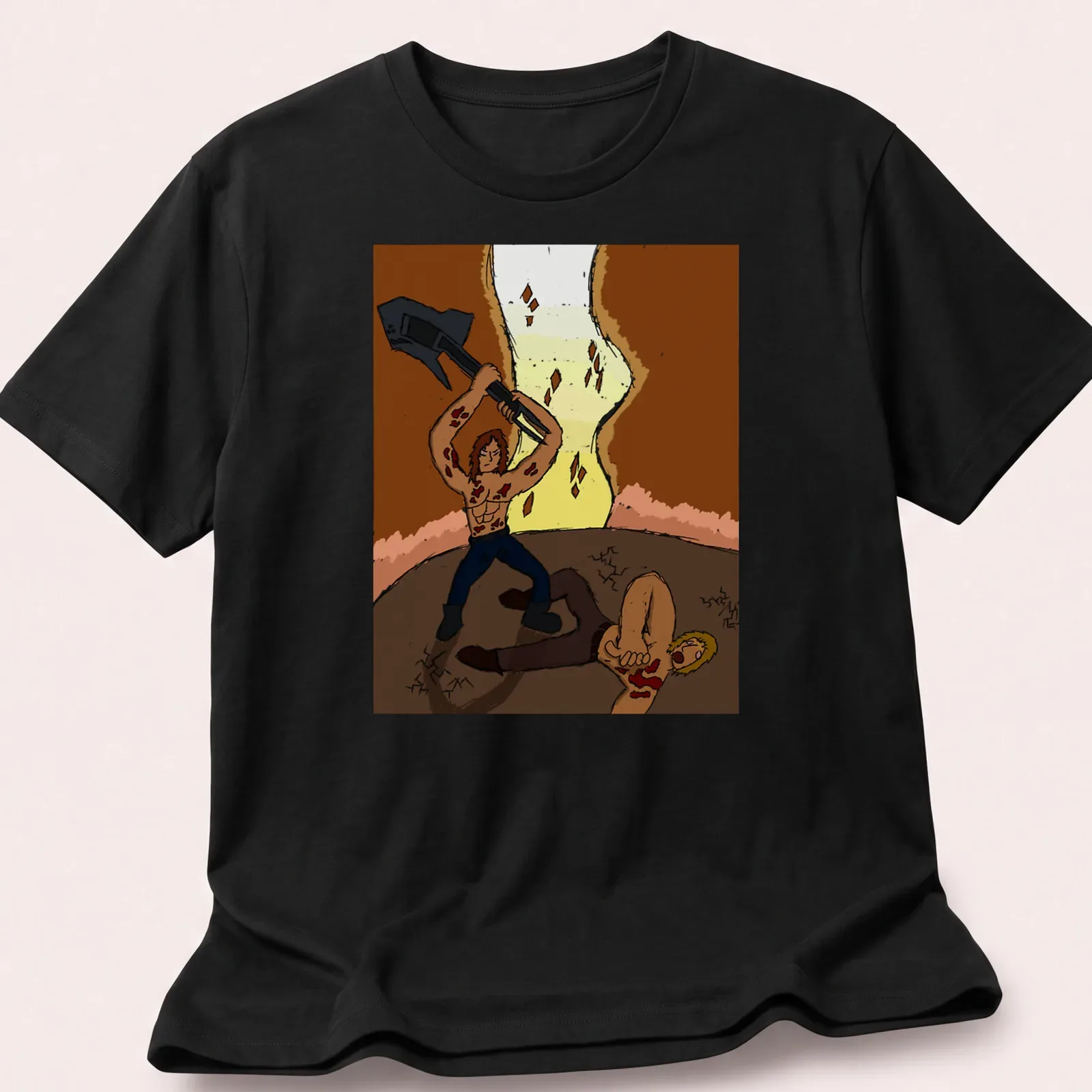 Cartoon-style axe-wielding warrior in vibrant colors on — printed on a unisex t-shirt