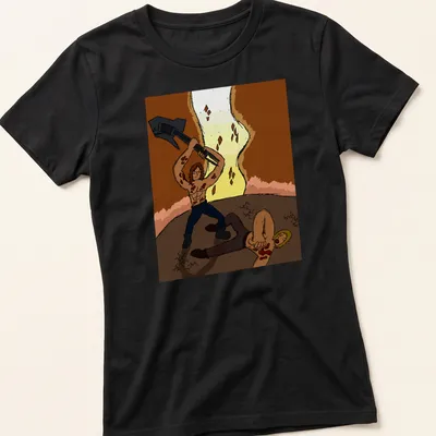 Cartoon-style axe-wielding warrior in vibrant colors on — printed on a women's shirt