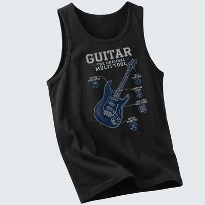 Vintage distressed t-shirt with a humorous slogan about guitars as tools — printed on a tank top