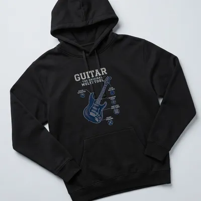 Vintage distressed t-shirt with a humorous slogan about guitars as tools — printed on a unisex hoodie