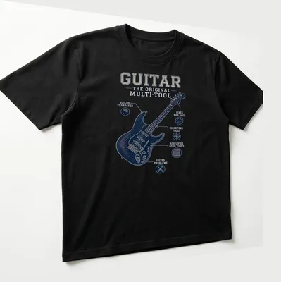 Vintage distressed t-shirt with a humorous slogan about guitars as tools — printed on a unisex t-shirt (angled view)