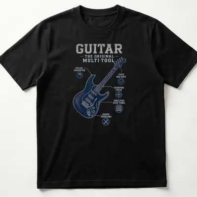 Vintage distressed t-shirt with a humorous slogan about guitars as tools — printed on a unisex t-shirt