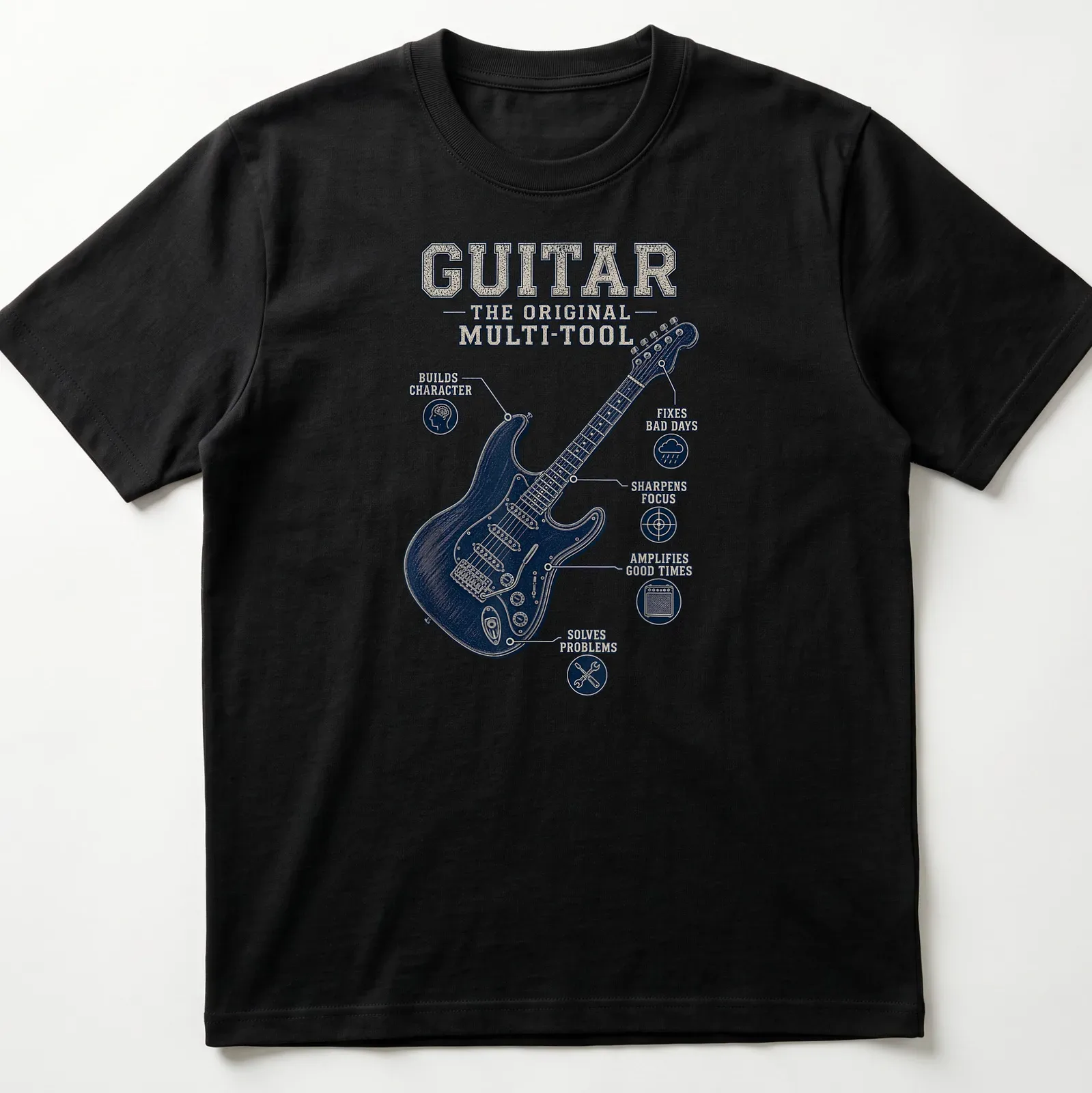 Vintage distressed t-shirt with a humorous slogan about guitars as tools — printed on a unisex t-shirt