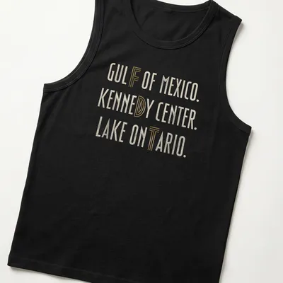 Modern minimalist t-shirt featuring Gulf of Mexico, Kennedy Center, Lake Ontario in gold and off-white text — printed on a tank top