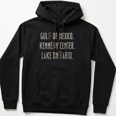 Modern minimalist t-shirt featuring Gulf of Mexico, Kennedy Center, Lake Ontario in gold and off-white text — printed on a unisex hoodie