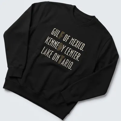 Modern minimalist t-shirt featuring Gulf of Mexico, Kennedy Center, Lake Ontario in gold and off-white text — printed on a unisex sweatshirt