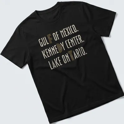 Modern minimalist t-shirt featuring Gulf of Mexico, Kennedy Center, Lake Ontario in gold and off-white text — printed on a unisex t-shirt