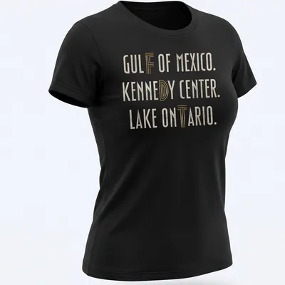 Modern minimalist t-shirt featuring Gulf of Mexico, Kennedy Center, Lake Ontario in gold and off-white text — printed on a women's shirt