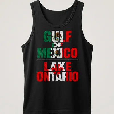 Geography-themed shirt with bold text and flags representing Gulf of Mexico and Lake Ontario — printed on a tank top