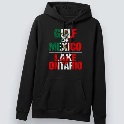Geography-themed shirt with bold text and flags representing Gulf of Mexico and Lake Ontario — printed on a unisex hoodie
