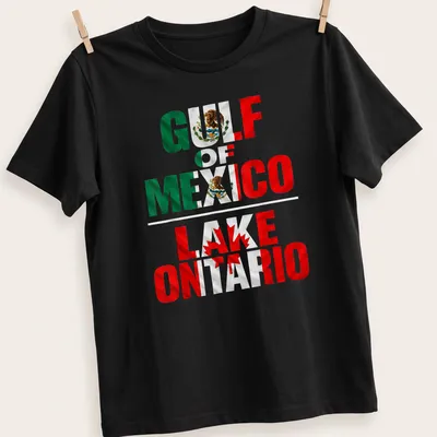 Geography-themed shirt with bold text and flags representing Gulf of Mexico and Lake Ontario
