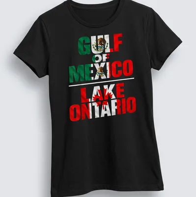 Geography-themed shirt with bold text and flags representing Gulf of Mexico and Lake Ontario — printed on a women's shirt