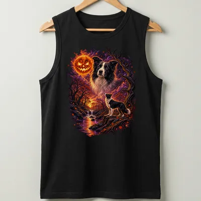 Whimsical illustration of a Border Collie in a spooky forest with Halloween colors — printed on a tank top