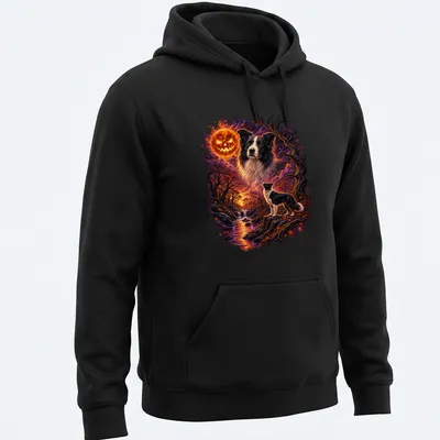 Whimsical illustration of a Border Collie in a spooky forest with Halloween colors — printed on a unisex hoodie