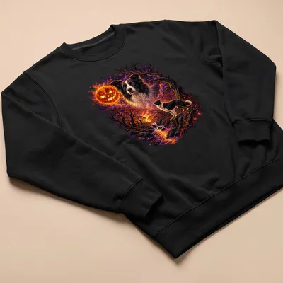 Whimsical illustration of a Border Collie in a spooky forest with Halloween colors — printed on a unisex sweatshirt
