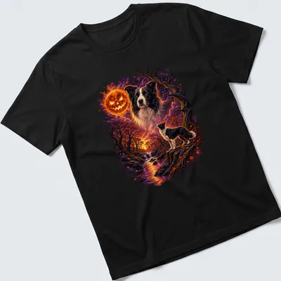 Whimsical illustration of a Border Collie in a spooky forest with Halloween colors