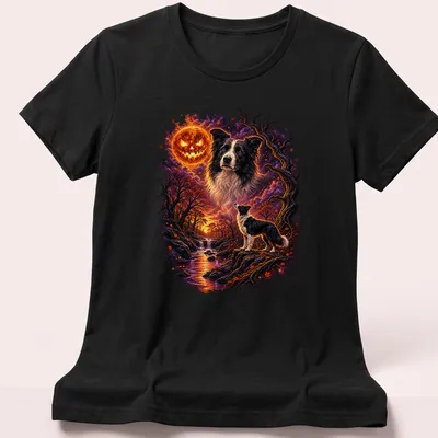 Whimsical illustration of a Border Collie in a spooky forest with Halloween colors — printed on a women's shirt