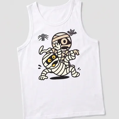 Kawaii cartoon mummies and a spooky bat in Halloween colors — printed on a tank top
