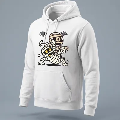 Kawaii cartoon mummies and a spooky bat in Halloween colors — printed on a unisex hoodie