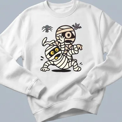 Kawaii cartoon mummies and a spooky bat in Halloween colors — printed on a unisex sweatshirt