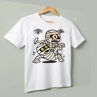 Kawaii cartoon mummies and a spooky bat in Halloween colors — printed on a unisex t-shirt (angled view)