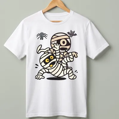 Kawaii cartoon mummies and a spooky bat in Halloween colors — printed on a unisex t-shirt