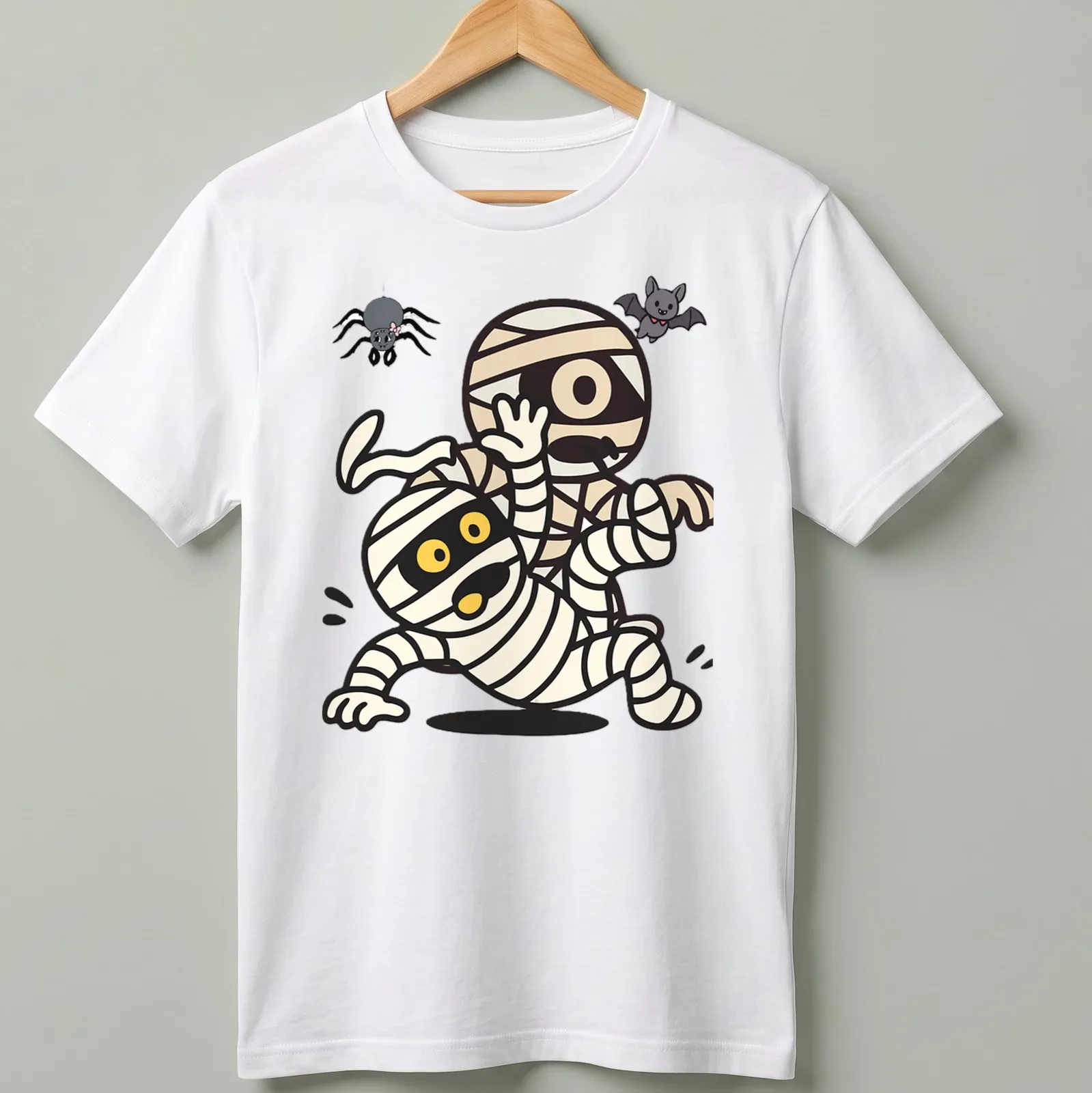 Kawaii cartoon mummies and a spooky bat in Halloween colors — printed on a unisex t-shirt