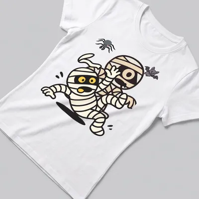 Kawaii cartoon mummies and a spooky bat in Halloween colors — printed on a women's shirt