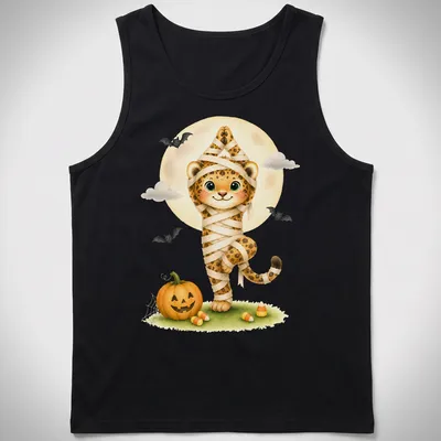 Kawaii illustration of a mummy jaguar in a tree pose with Halloween theme colors — printed on a tank top
