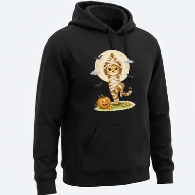 Kawaii illustration of a mummy jaguar in a tree pose with Halloween theme colors — printed on a unisex hoodie