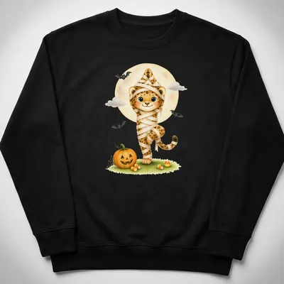Kawaii illustration of a mummy jaguar in a tree pose with Halloween theme colors — printed on a unisex sweatshirt