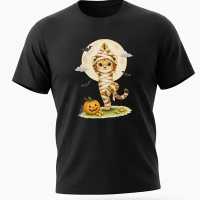 Kawaii illustration of a mummy jaguar in a tree pose with Halloween theme colors