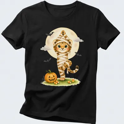 Kawaii illustration of a mummy jaguar in a tree pose with Halloween theme colors — printed on a women's shirt
