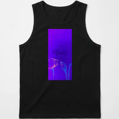 Neon outline of a hammerhead shark among colorful poppies, with bold lettering. — printed on a tank top