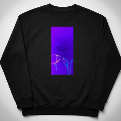 Neon outline of a hammerhead shark among colorful poppies, with bold lettering. — printed on a unisex sweatshirt