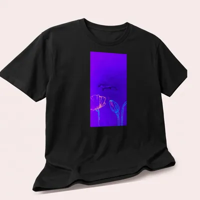 Neon outline of a hammerhead shark among colorful poppies, with bold lettering. — printed on a unisex t-shirt (angled view)