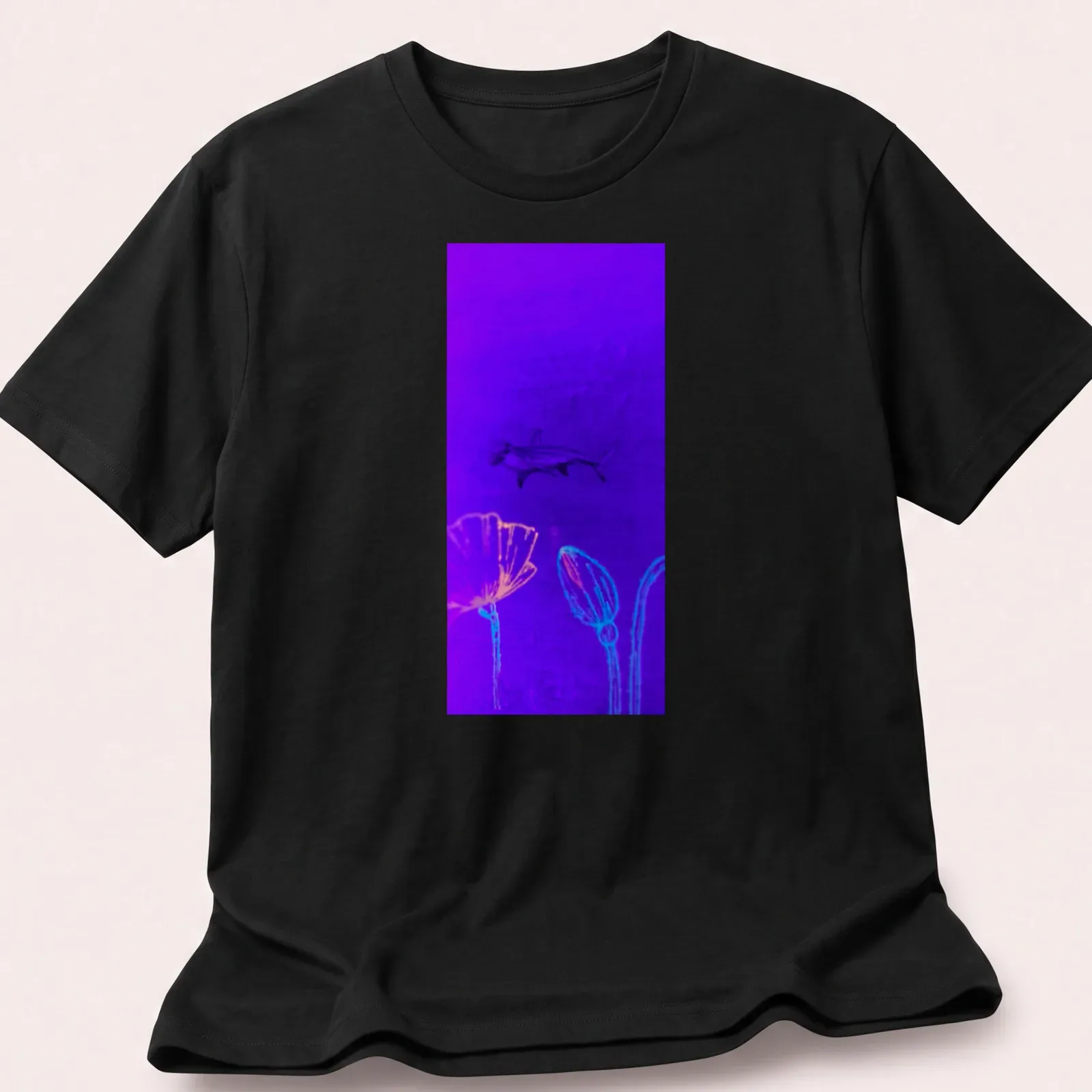 Neon outline of a hammerhead shark among colorful poppies, with bold lettering. — printed on a unisex t-shirt